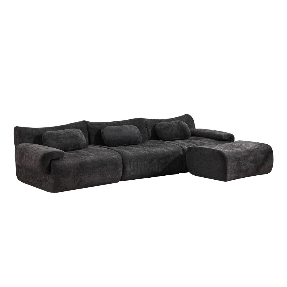 Modular Chenille Sofa 3-Seat Cushion Back Modern Upholstered Sectional, Black