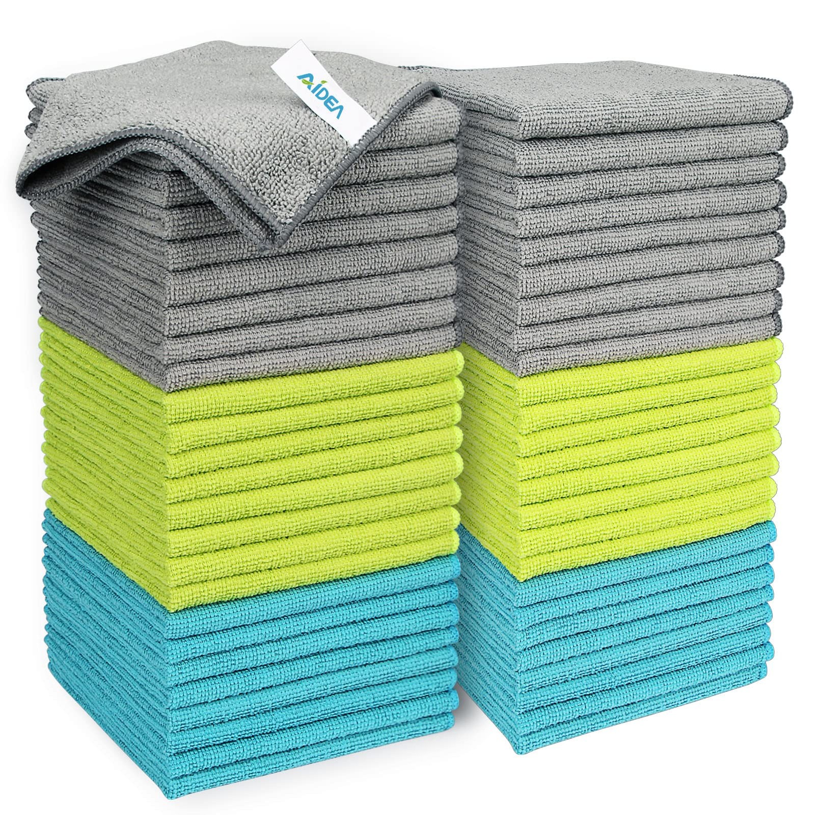 AIDEA Microfiber Cleaning Cloth-50PK, Soft 12inx12in, Blue/Green/Grey