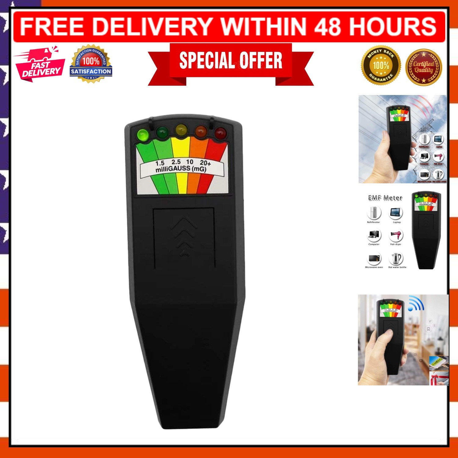 Portable EMF Radiation Detector for Ghost Hunting & Home Inspections - Black