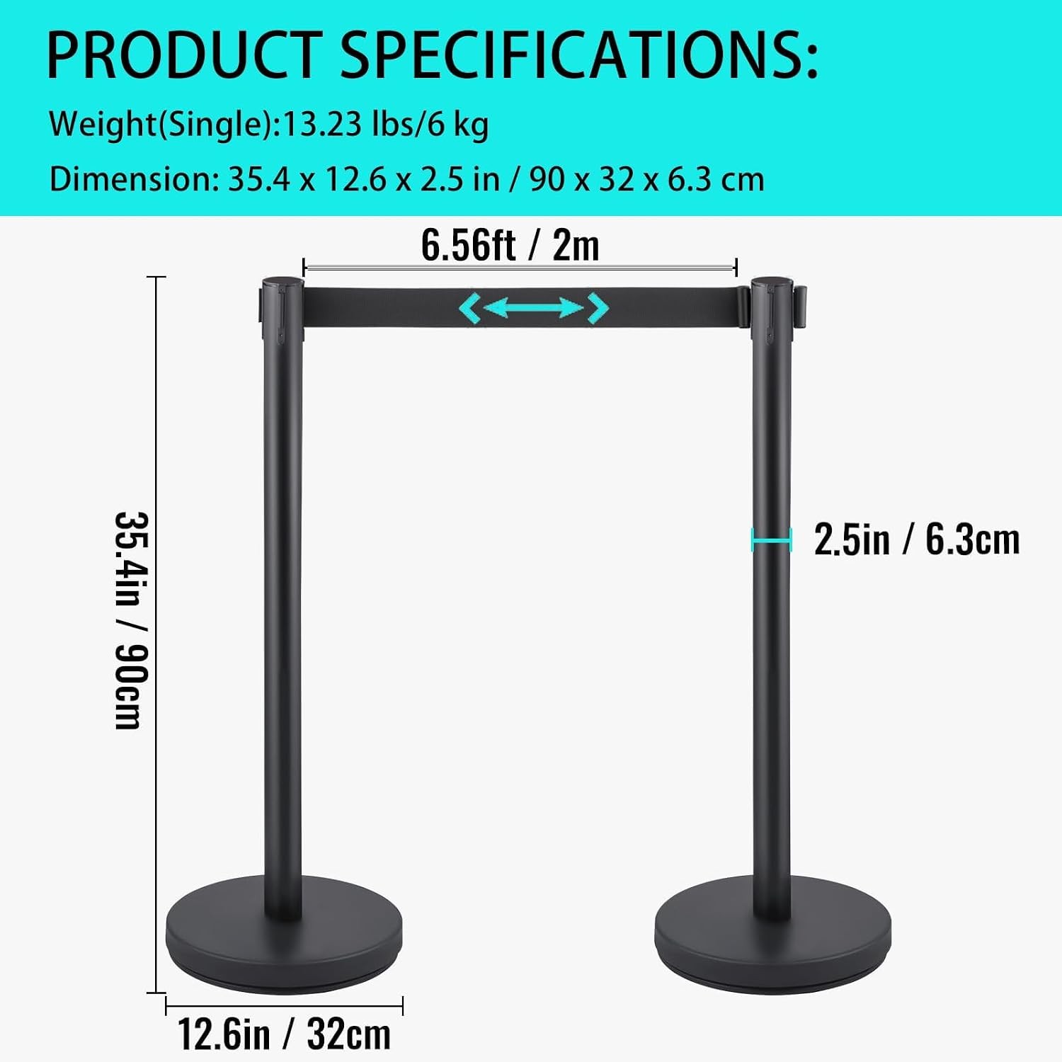 2Pcs Crowd Control Barrier Queue Poles w/ Retractable Belt Stanchion Posts Black