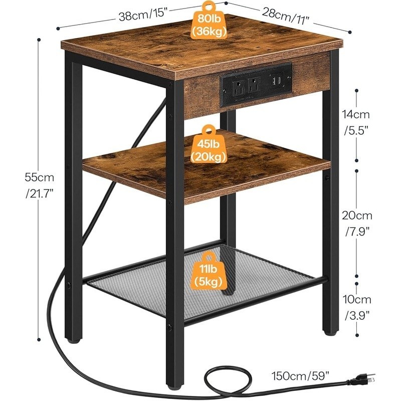 Multifunctional Side Table W/ Charging Station Adjustable Storage Shelves New