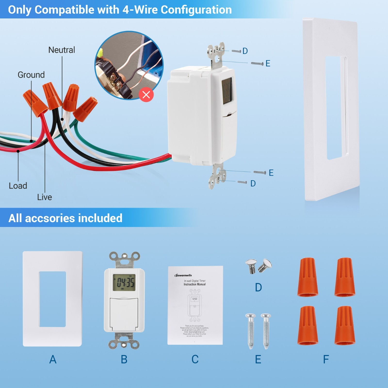 7-Day Programmable In-Wall Timer Switch, Digital, Random Mode, Neutral Wire Requ