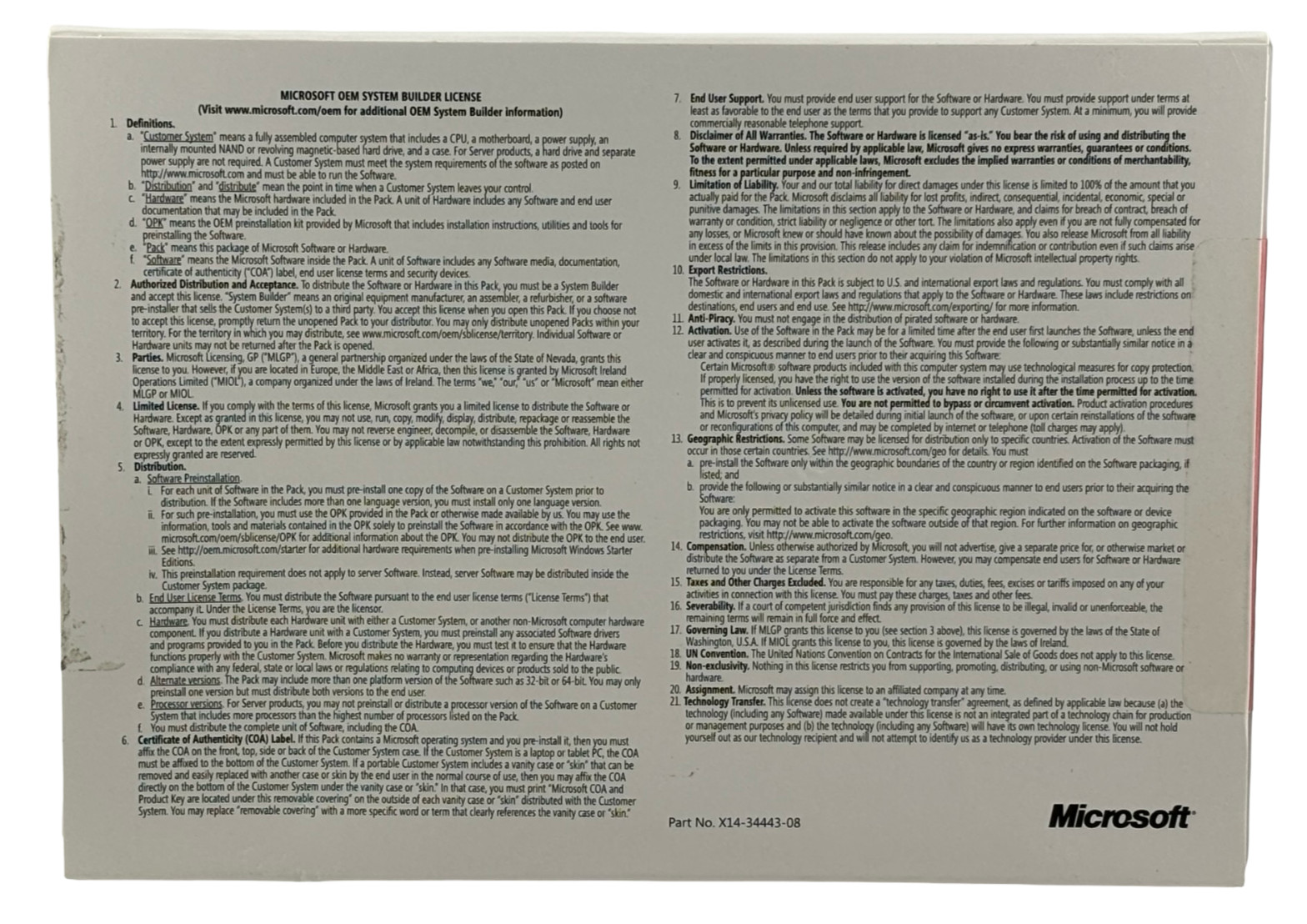 Microsoft OEM System Builders Pack Windows Professional 7 EnglishDVD 1PK NEW