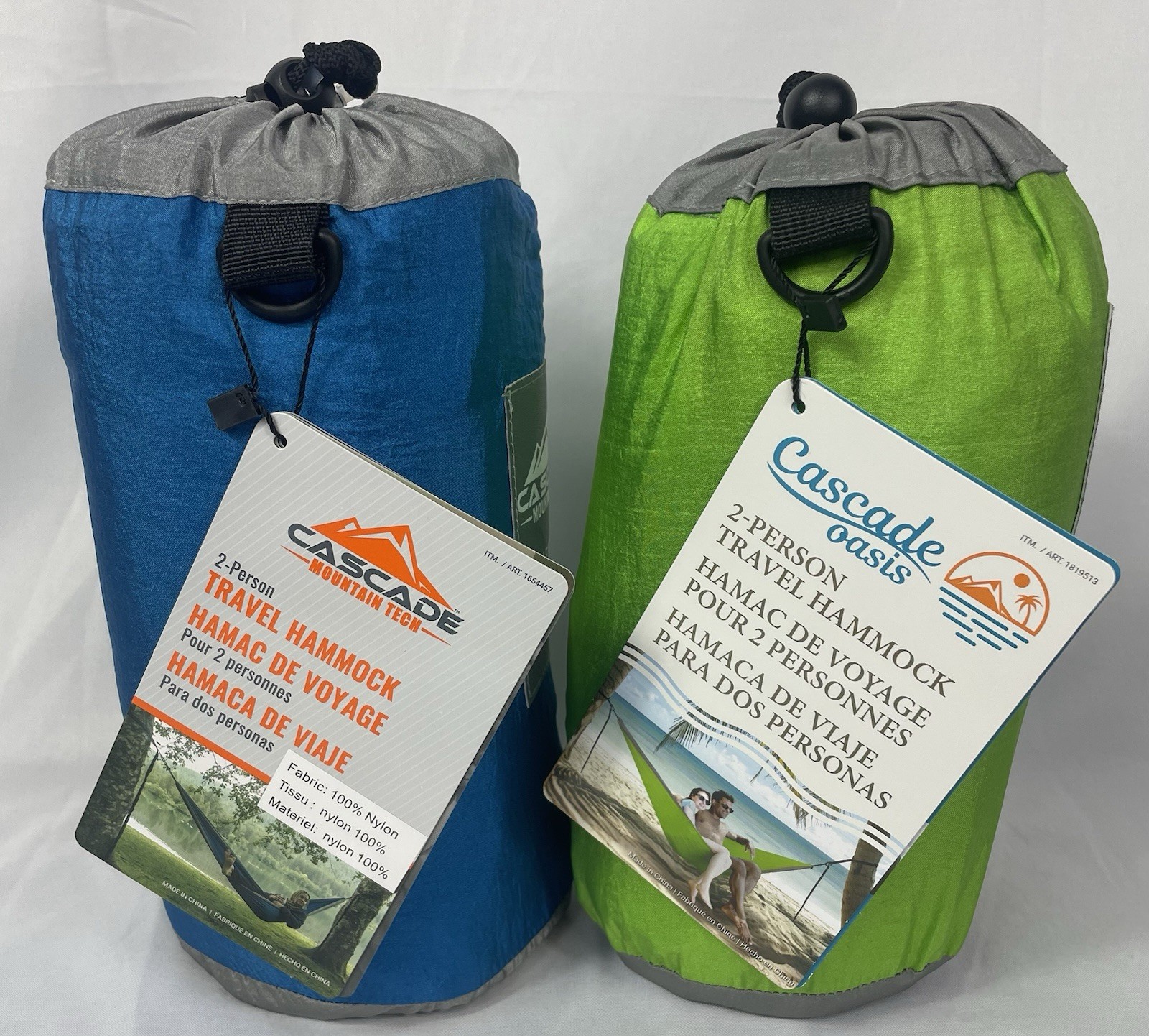 Cascade Lot of (2) 2-Person Blue & Green Travel Hammocks + Straps Carabiners NWT