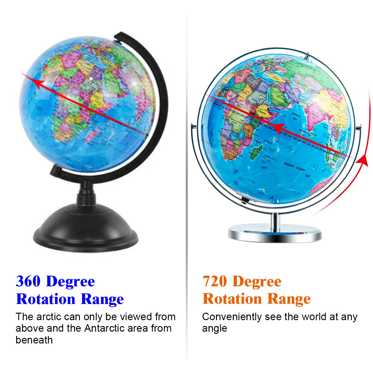 13" Illuminated World Globe 720° Rotating Study Cartography Map W/ LED Light