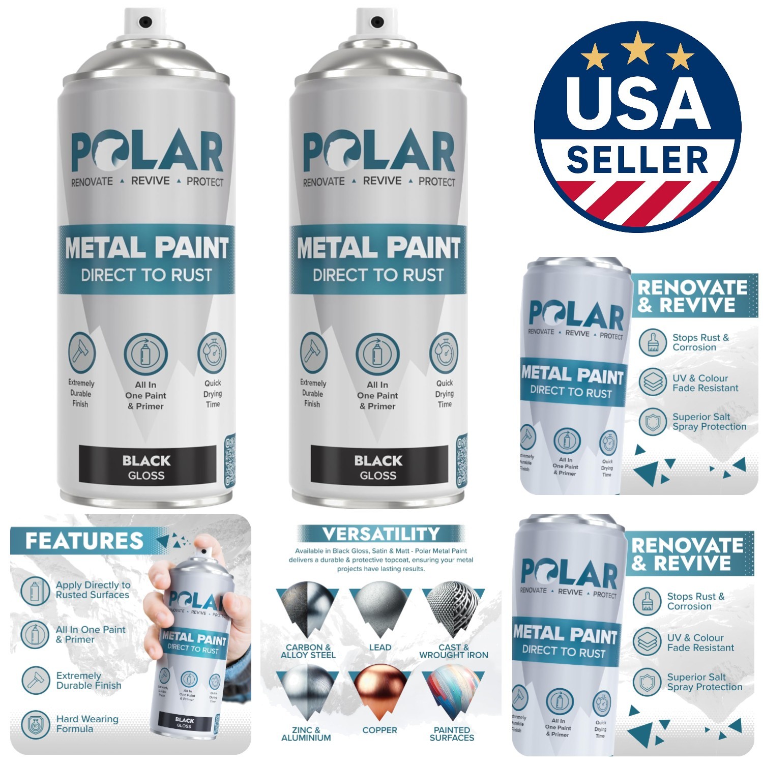 Aerosol Gloss Black Paint - Quick-Dry 2 x 13.5 Fl Oz for Metal & Wood