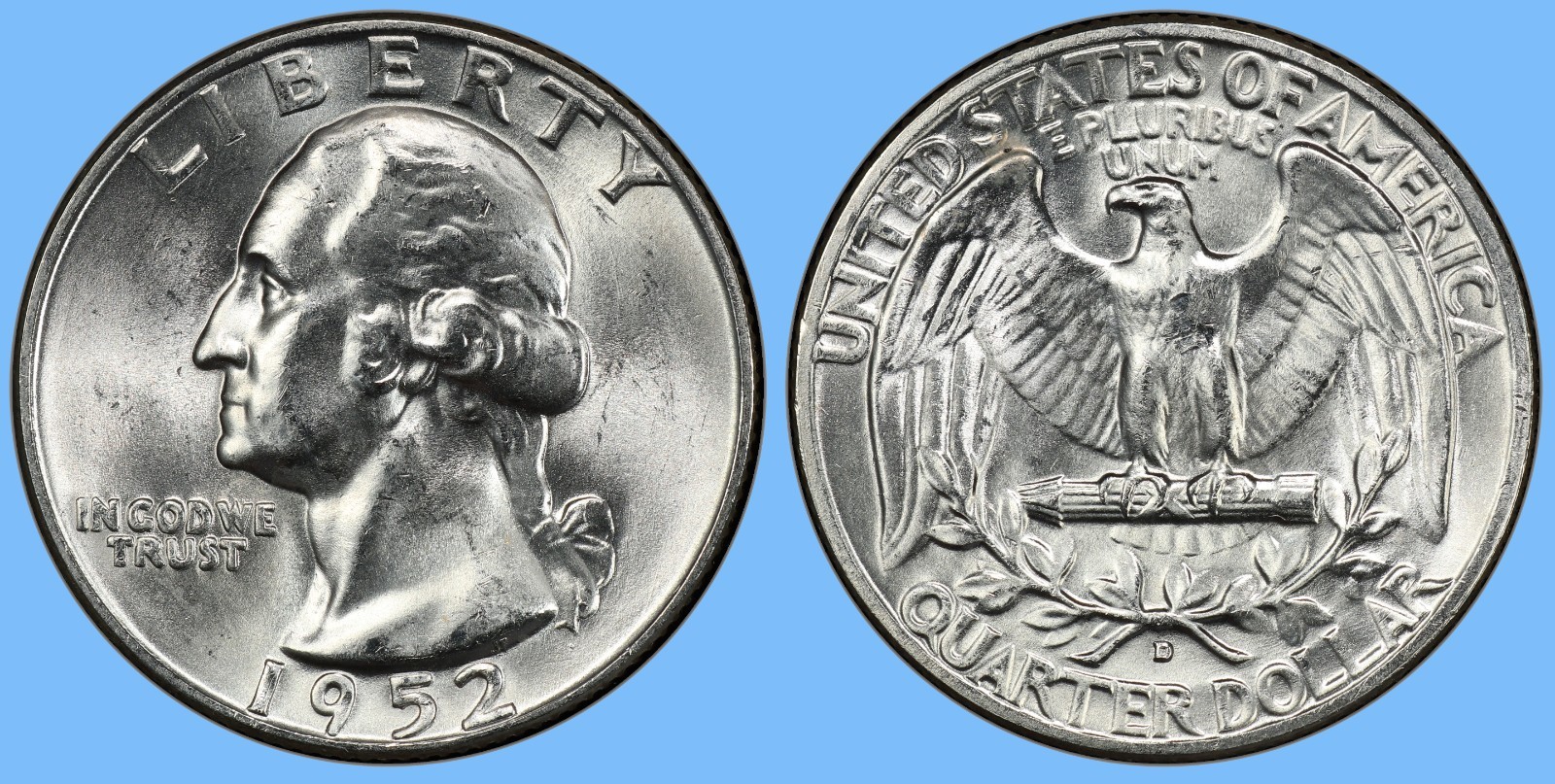 1952 D Washington Quarter ~ BU Uncirculated Mint State ~ 90% Silver 25c US Coin
