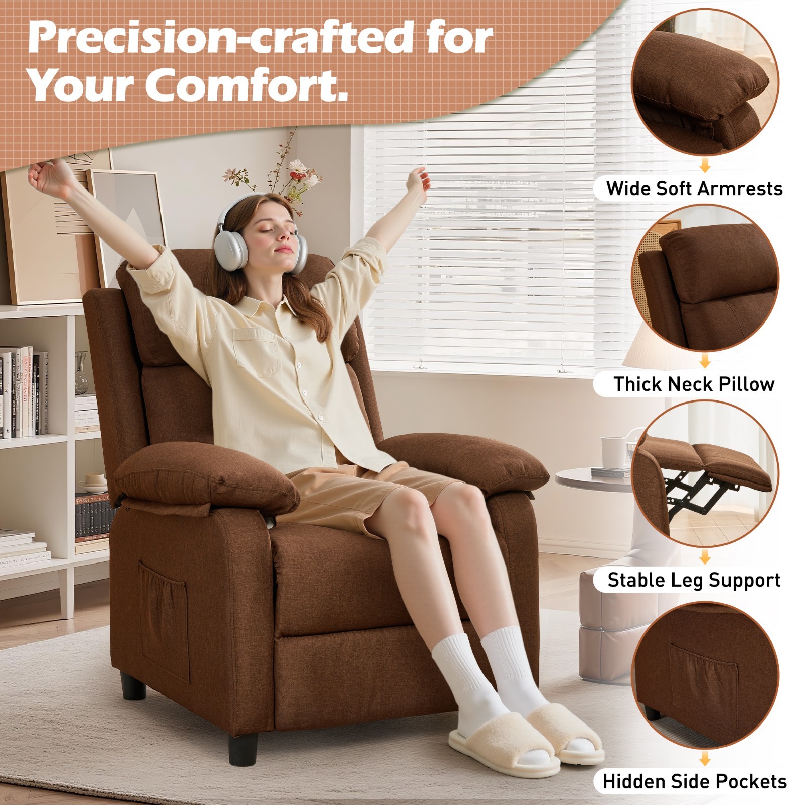 Korser Small Manual Push Back Recliner Chair with Side Pockets for Living Room