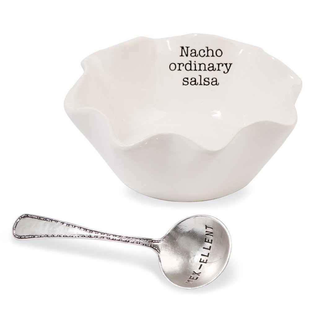 Mud Pie Salsa Ceramic Dip Cup Set - Nacho Ordinary, White & Silver