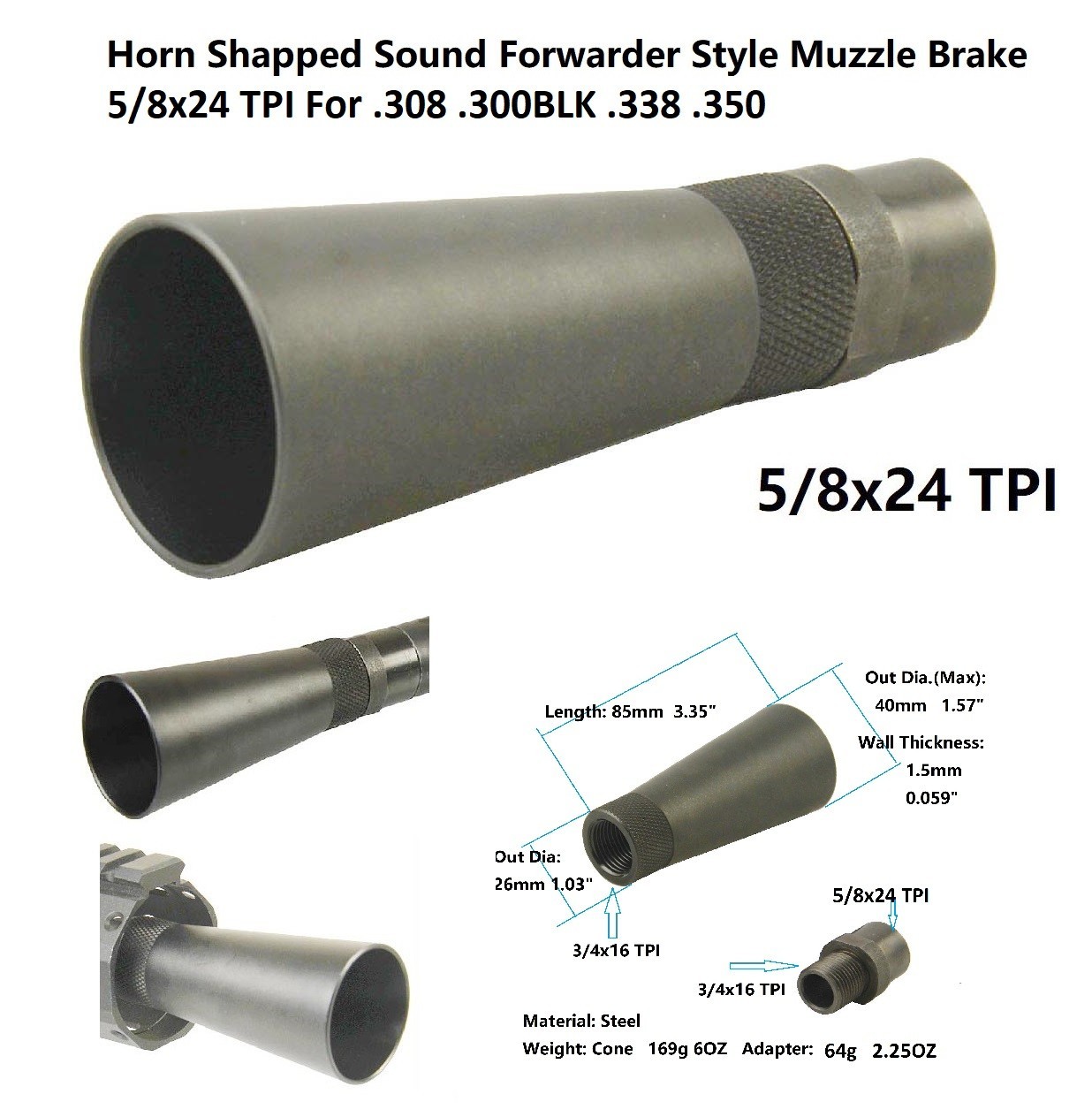 Steel 5/8X24 TPI Horn Shape Sound Forwarder Muzzle Brake For 308 300BLK 338 350