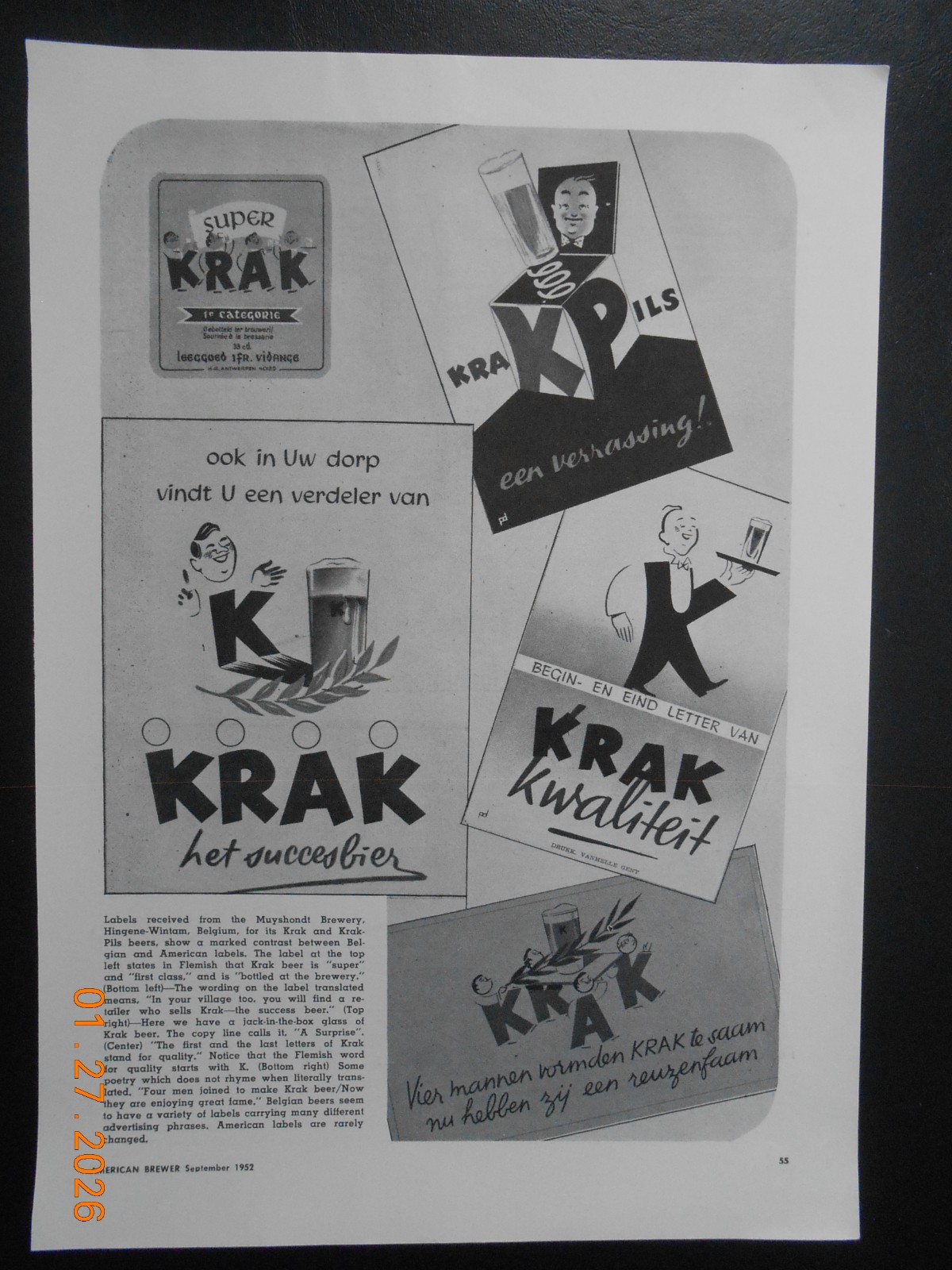 1952 Muyshondt Brewery Hingene-Wintam Belgium Krak Krak Pils Beer label AD