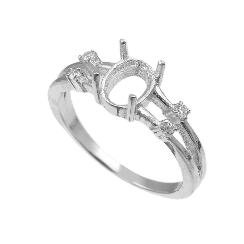 8x6mm Oval Semi Mount Ring 925 Sterling Silver CZ Accented Split Shank