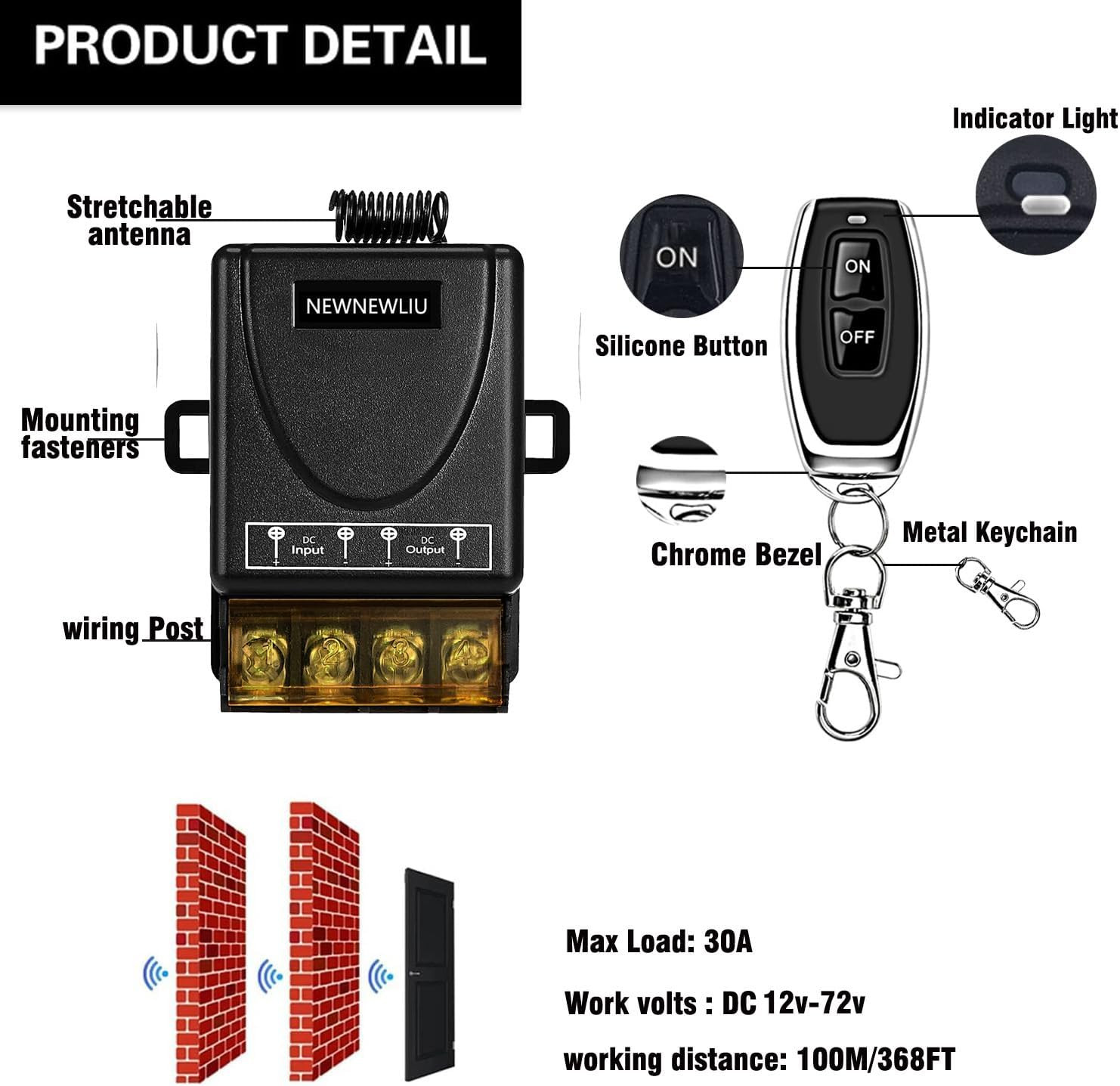 12 Volt Remote Switch 12V-72V Remote Switch, Black