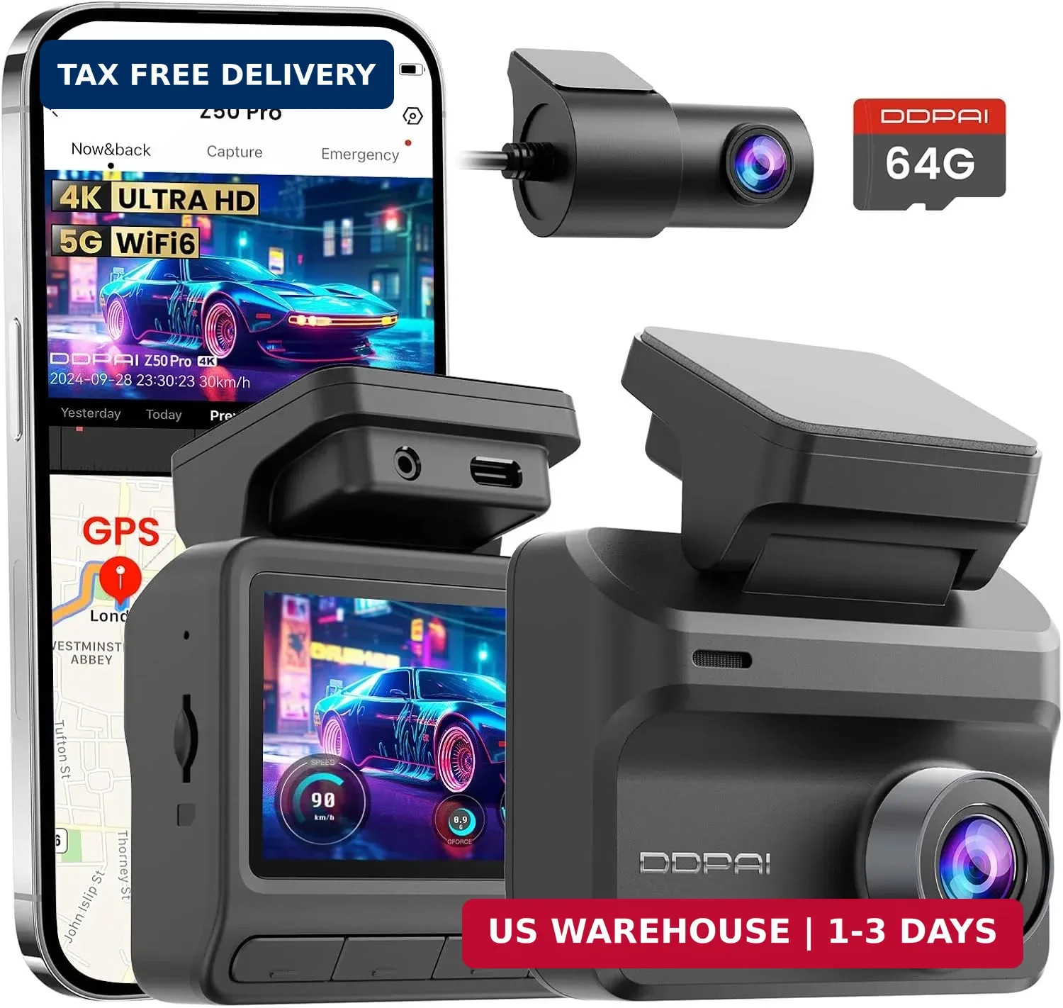 Dash Cam Front and Rear 4K+1080P, Dash Camera for Cars with GPS, 5GHz WiFi 6, AI