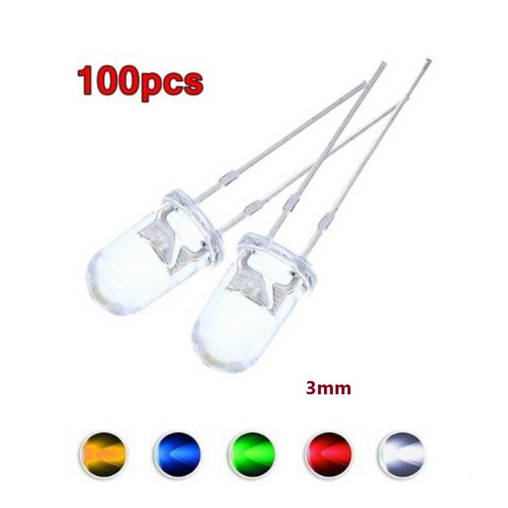 100pcs Bright LED 3mm Red/Blue/Green/White/Yellow LED Transparent Bulb New