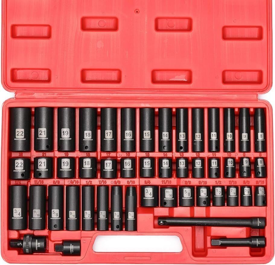 3/8"Drive Deep Impact Socket Set 48 Piece SAE/Metric 6 Point Mechanic Socket Set