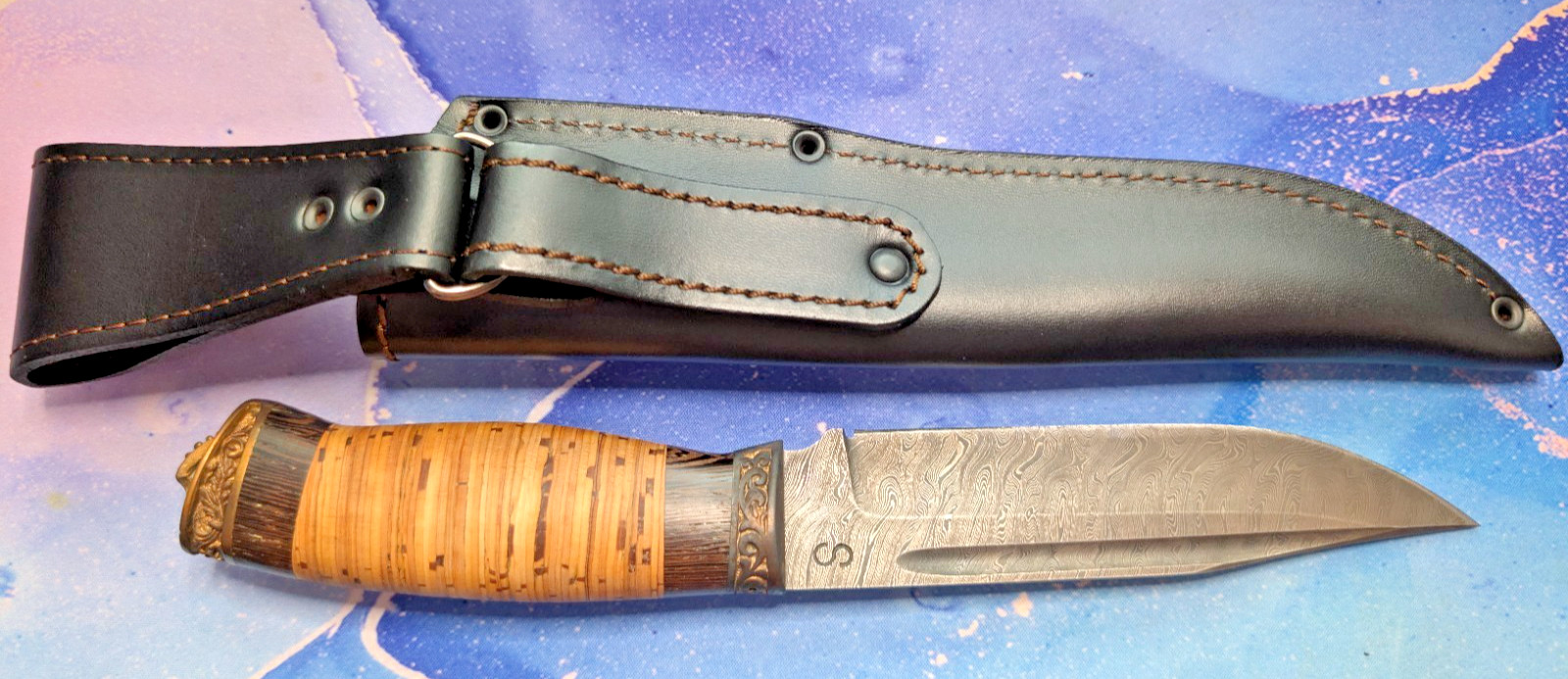 Handmade Voykar HT Damascus Birch Bark Olamic Fixed Blade Knife
