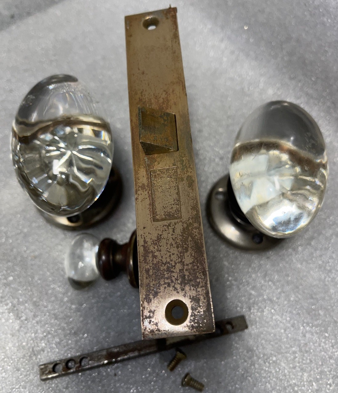 Antique Russwin Private Interior Mortise Lock Set & Oval Glass Door Knobs