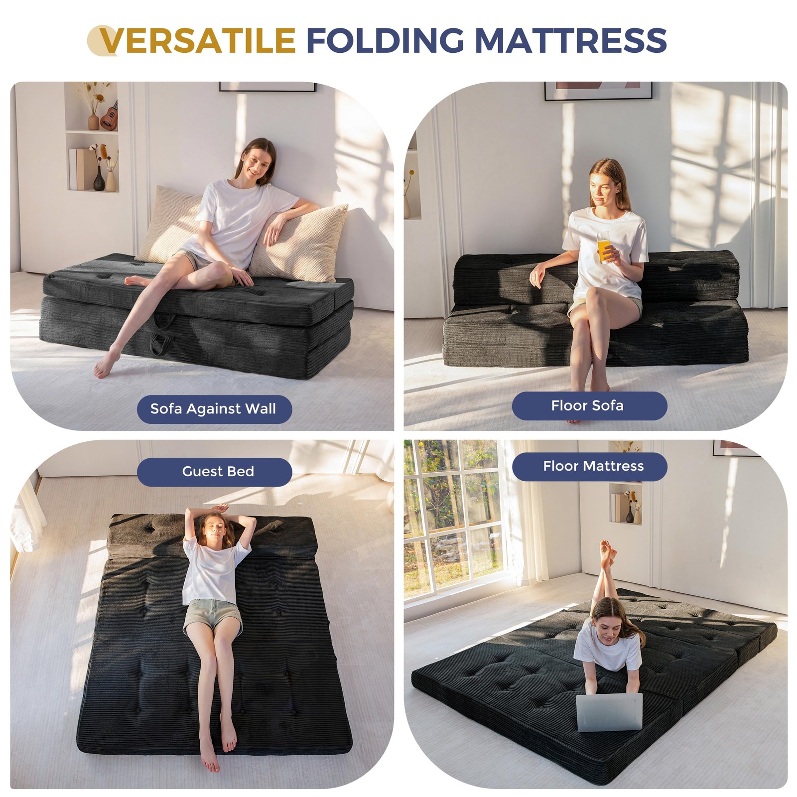 Foldable Sofa Couch Bed, 4 Inch Tufted Folding Mattress, Portable Floor Couch...