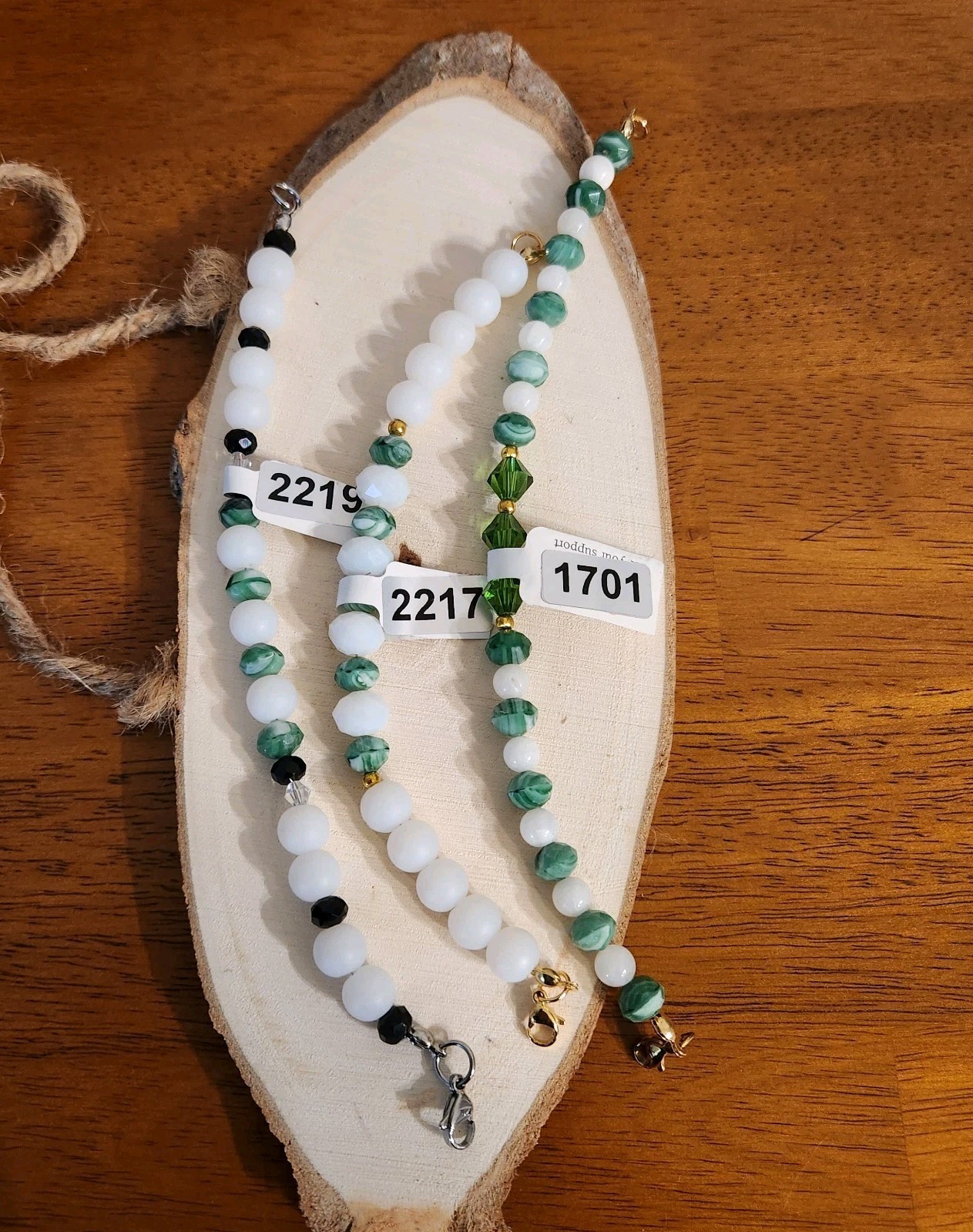 Handmade Artisan Green And White Glass Bicone Bead Bracelet. #1701