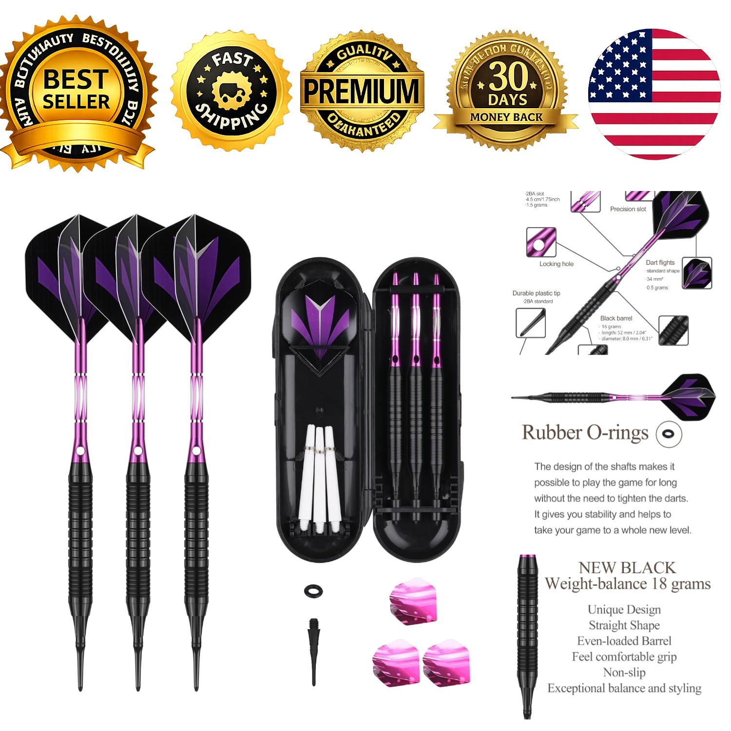 Soft Tip Darts Set 18g 21g Rainbow Plastic Tips 50 O Rings 6 Shafts 45mm Flights