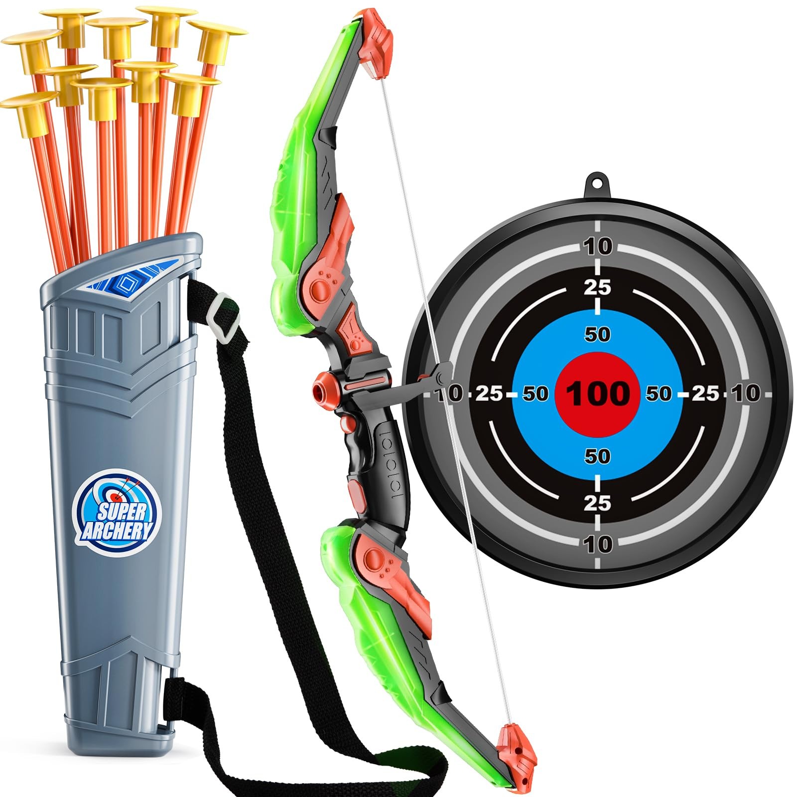 Kids Bow and Arrow Set  LED Light Up Archery Toy Set with 10 Suction Cup Arro...