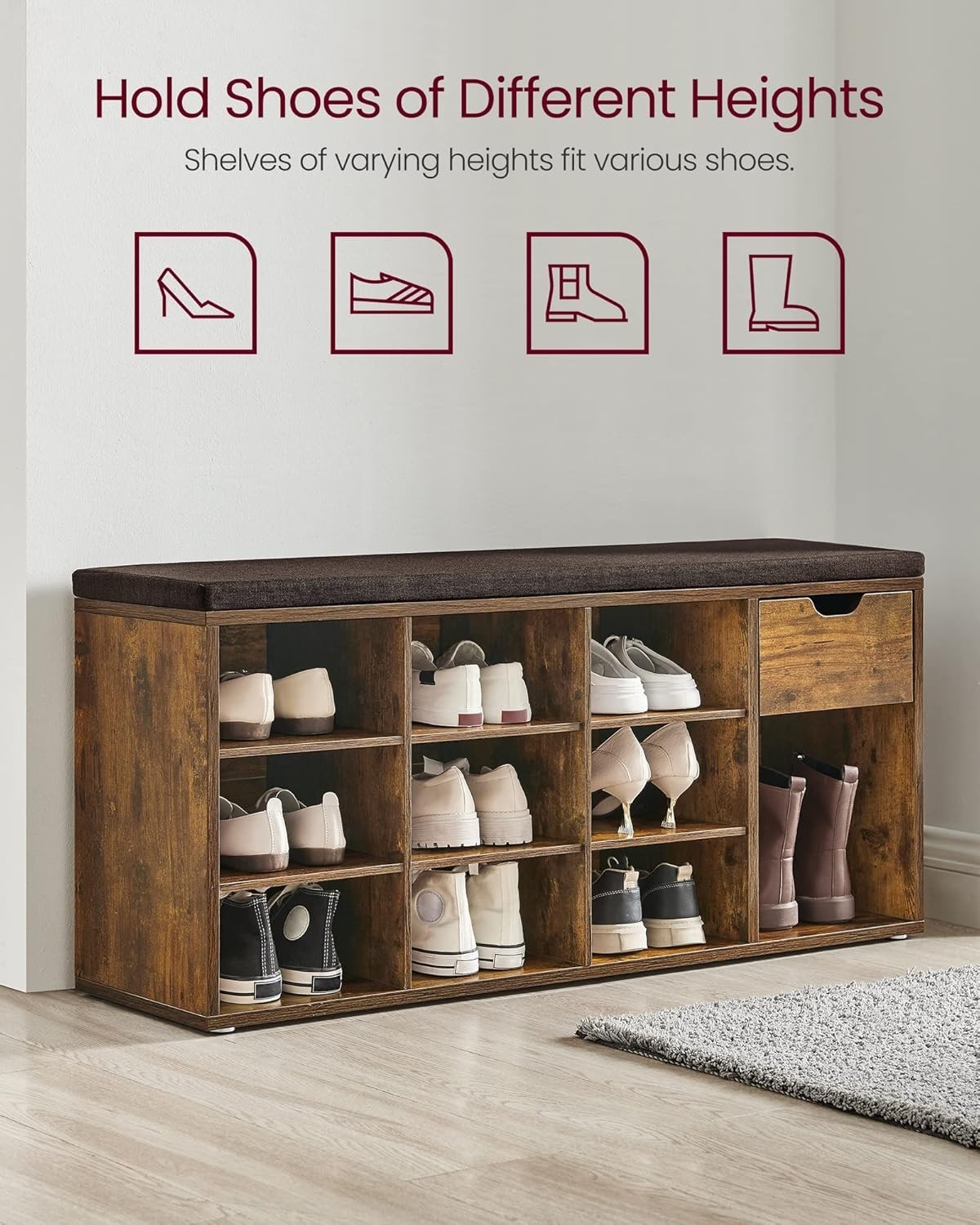 CUSTOS Collection - Storage Bench, Entryway Bench with Cushion, Drawer and Op...