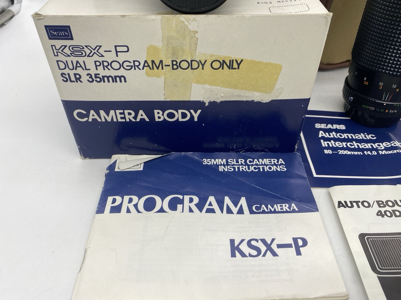 VINTAGE Sears KSX 35mm SLR Camera 2 Lens, 1 Flash, Bag Untested Orig Box Manuals