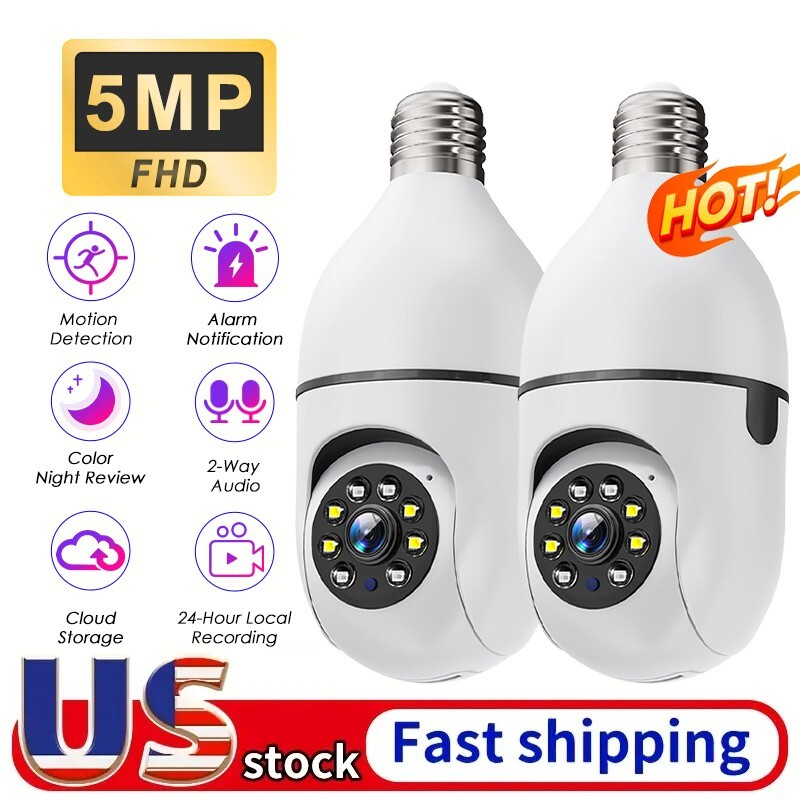 2PCS Light Bulb Camera 5MP 360° CCTV WiFi IR Audio Home Wireless Security