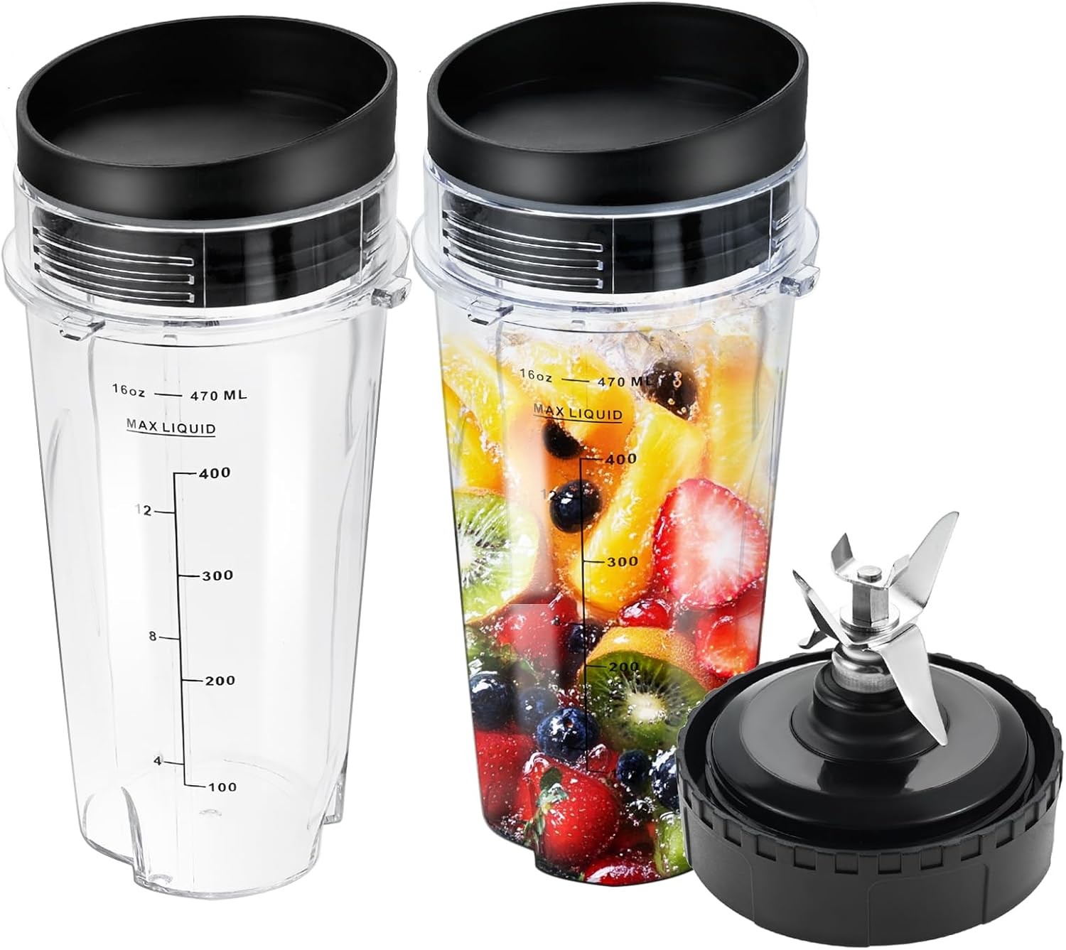 2Pcs For Ninja Blender Single Serve 16oz Cup Scale with Sip Seal Lid 6 Fin Blade