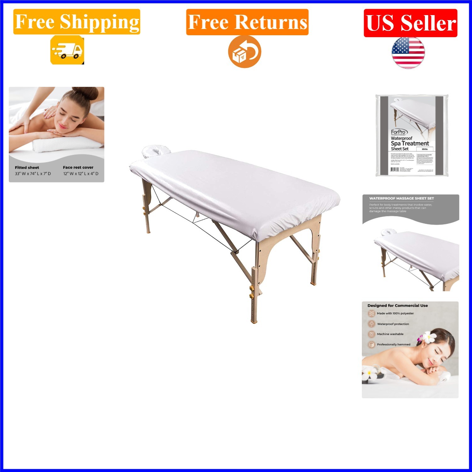 White Waterproof Massage Table Cover with Fitted Sheet & Face Rest, Washable