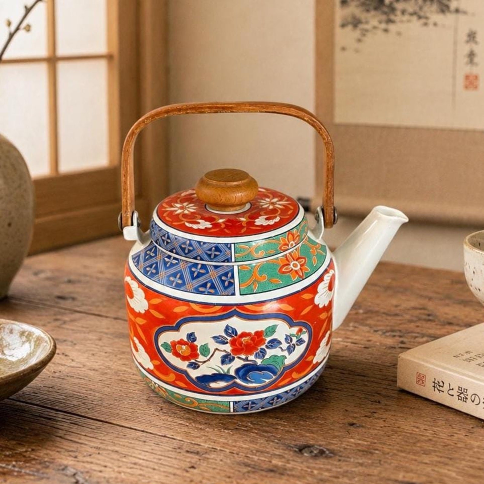 Vintage Takahashi Japan Imari Teapot Wooden Handle Mid Century