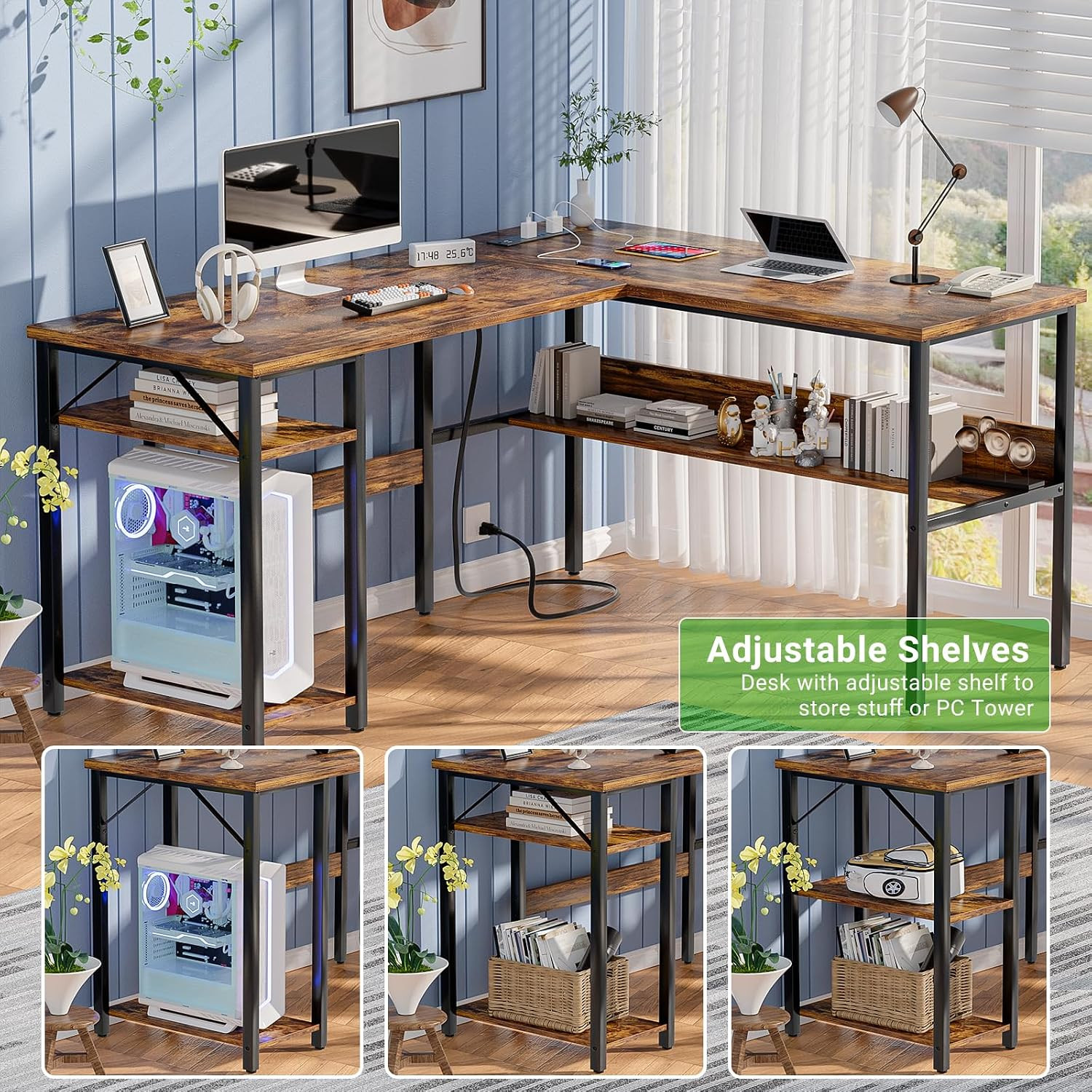 L Shaped Computer Desk with Magic Power Outlets and USB Charging Port, Sturdy Re