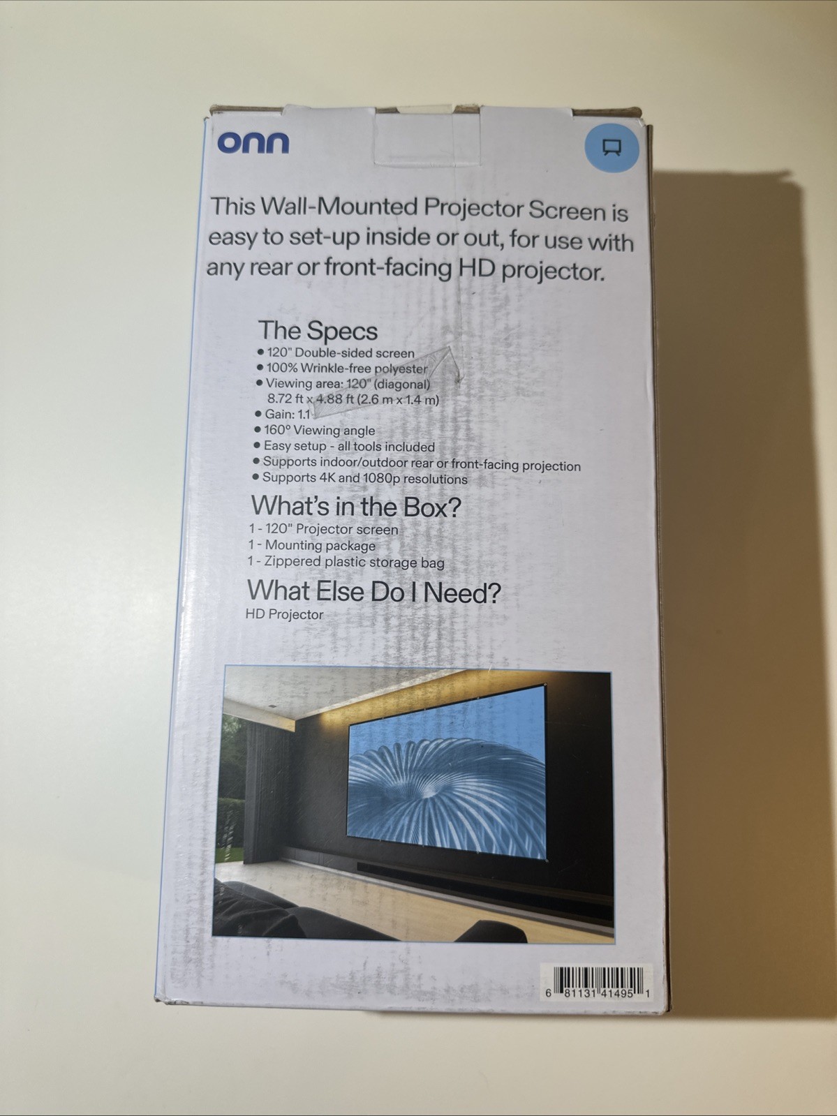 onn 120” Wall-Mounted Projector Screen Wrinkle Free Material White