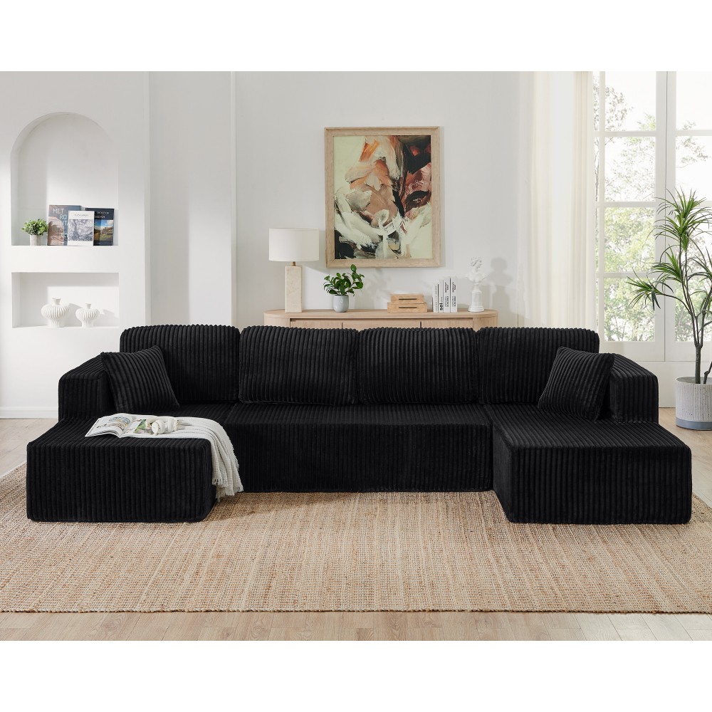 Green Corduroy Modern Sectional Sofa Sleeper 5-Seater Couch