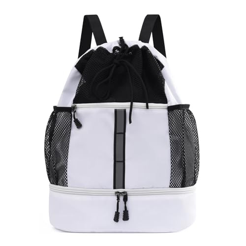 Drawstring Gym Bag Sports Backpack With Shoe Compartment and Reflective White