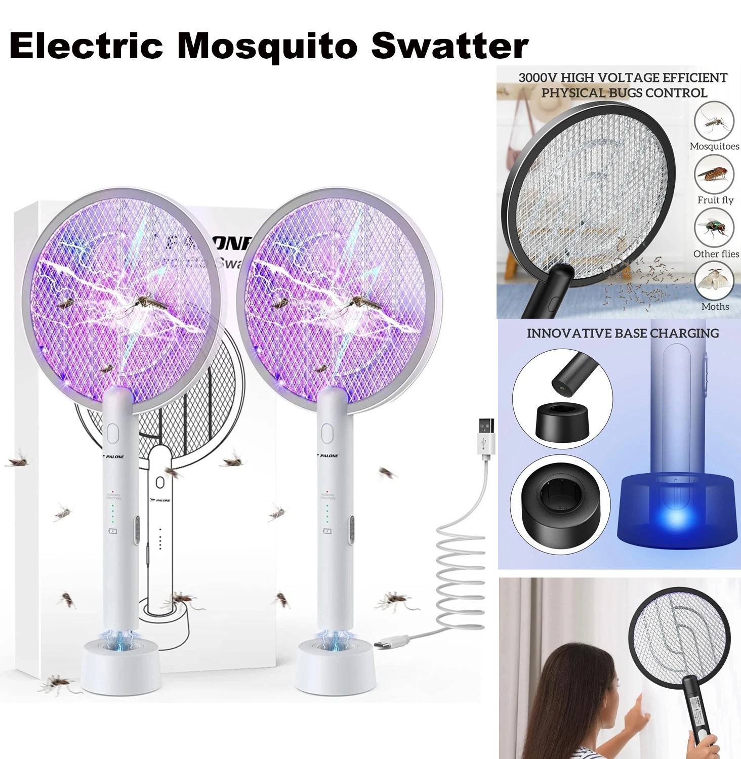 🦟 PALONE  2PCS Electric Fly Swatter 3000V Bug Zapper Racket 2 in 1 Fly Swatter