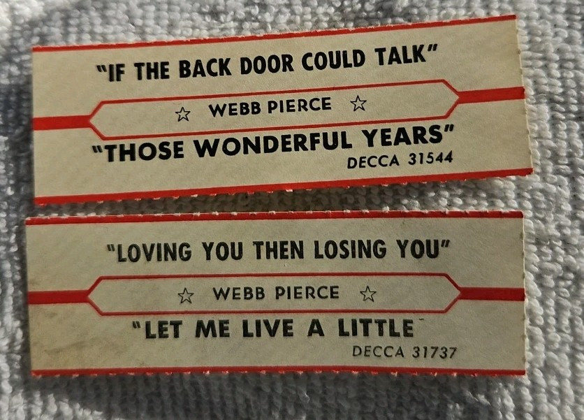 2 Jukebox Title Strips WEBB PIERCE #31737 #31544 Honky Tonk Country MUSIC 1960s