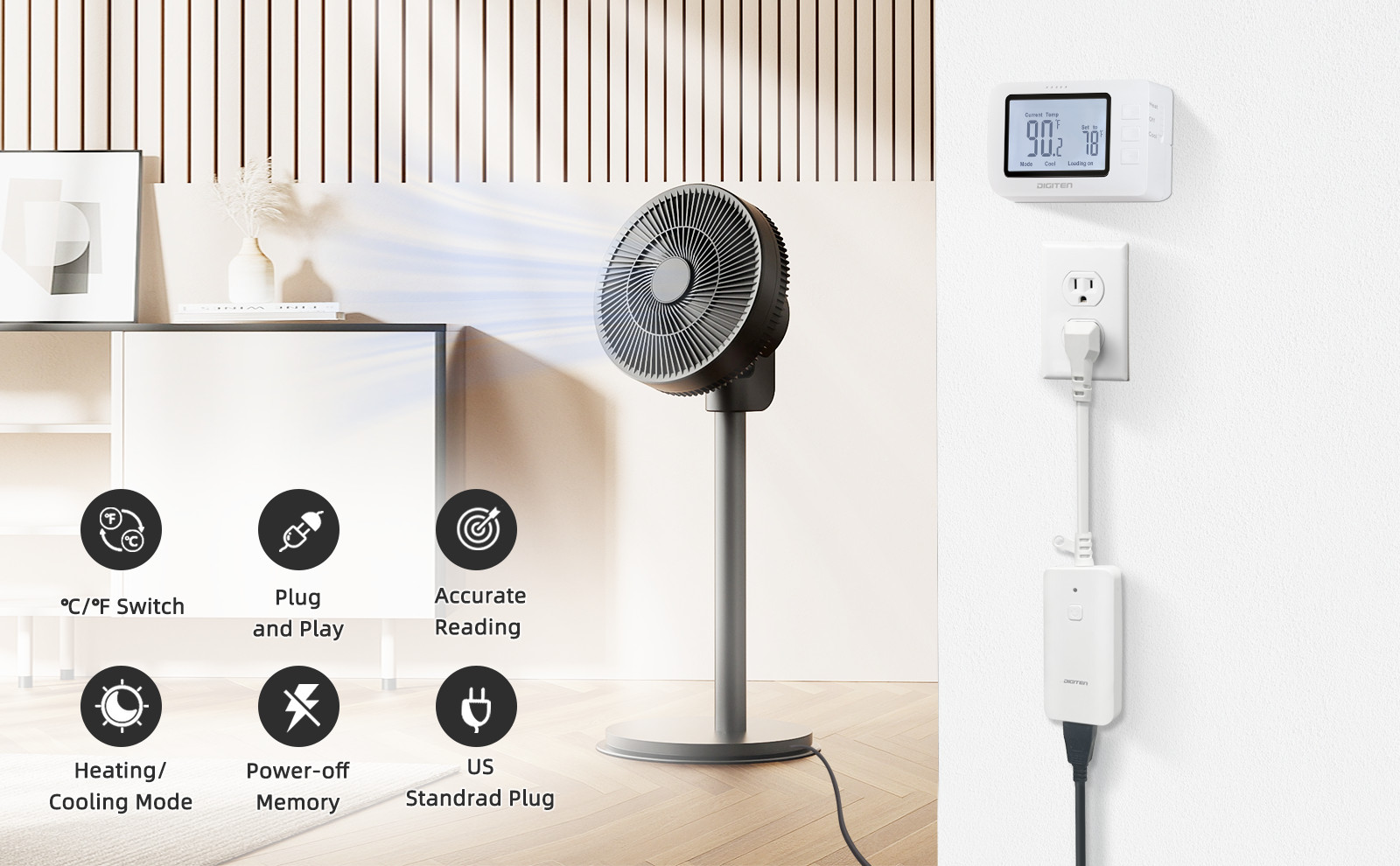Remote Control Thermostat - Pre-Wired Temperature Controller for Heaters & AC, ℃