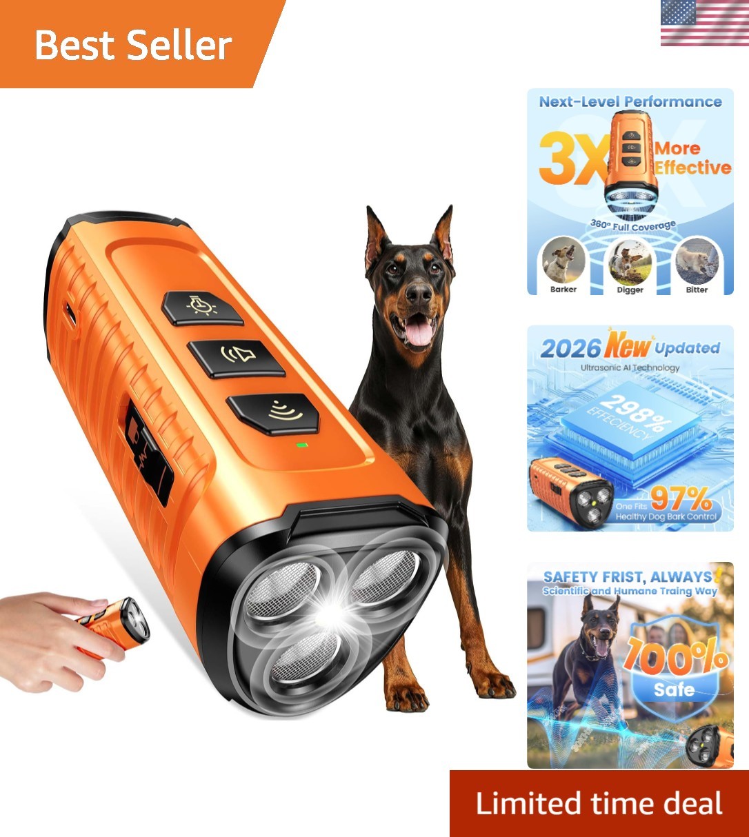 Humane 3X Ultrasonic Dog Bark Deterrent - 5 Modes & 50FT Range, Compact Design