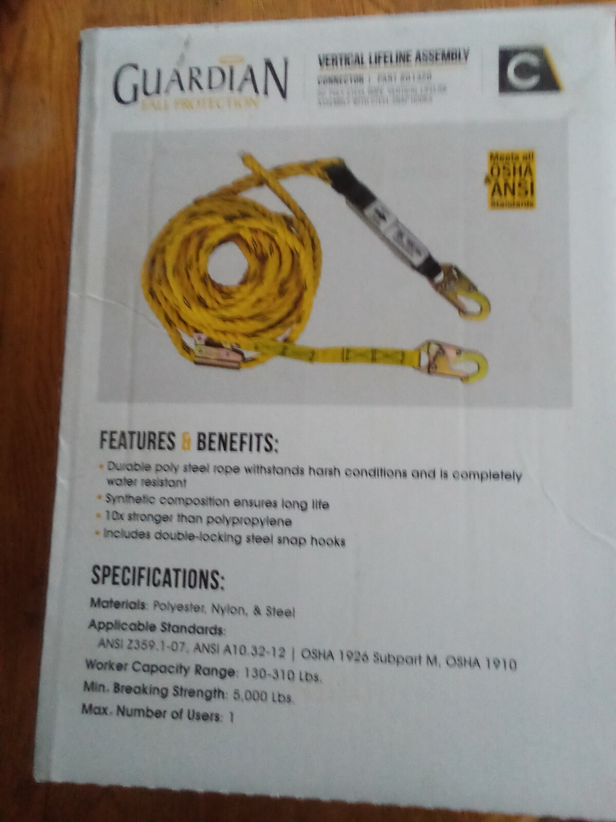 Guardian 50' Vertical Lifeline Assembly / Poly Steel Rope with Steel Snap Hooks