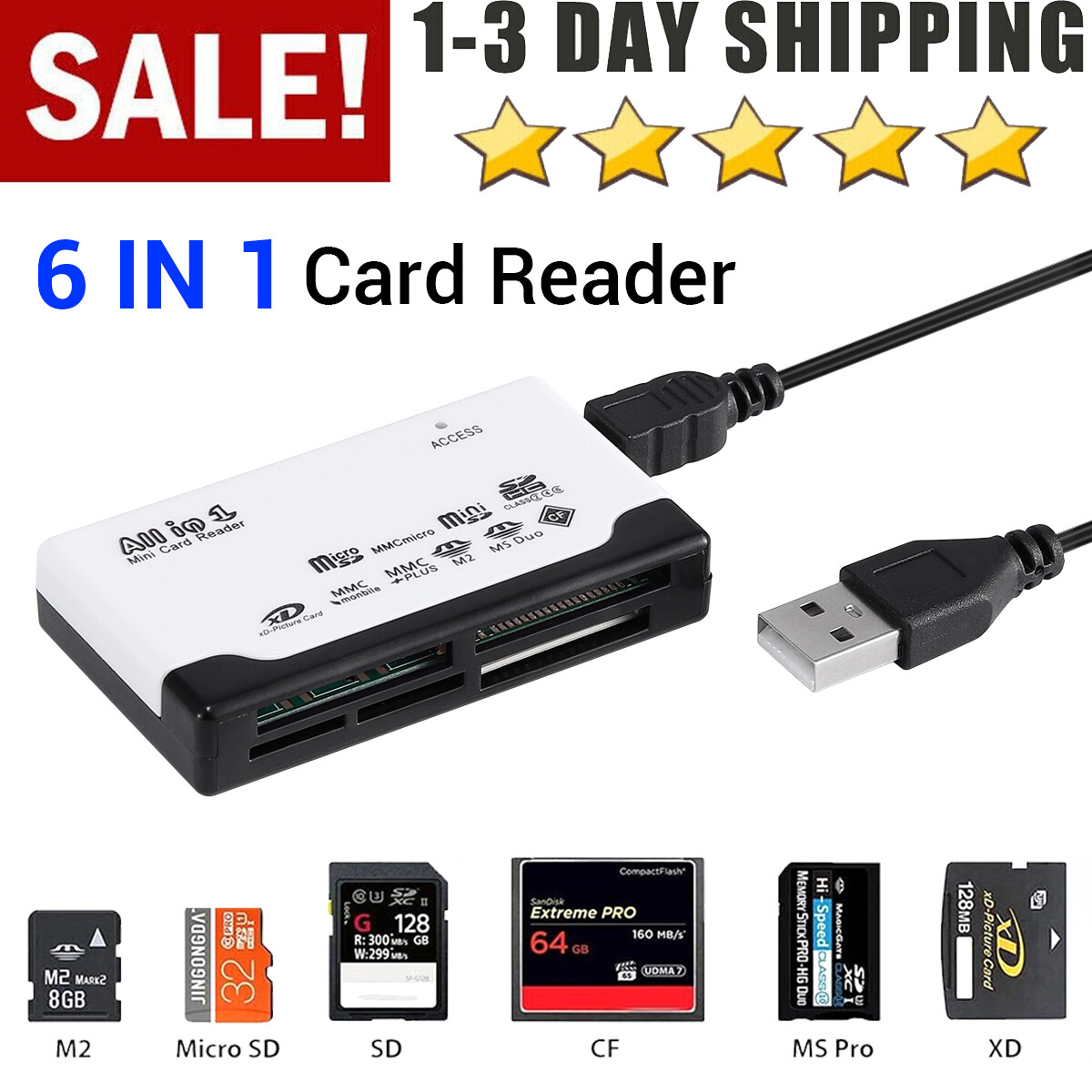 Memory Card Reader Mini 6-IN-1 USB 2.0 High Speed For TF CF SD Mini SD MMC MS XD