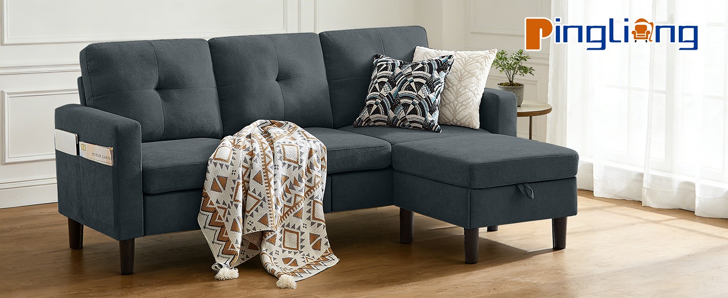 80" Convertible Sectional Sofa Couch with Movable Ottoman, 3 Seats Sectional