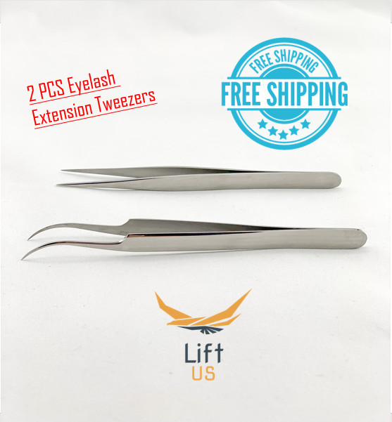 2 PCS Eyelash Extension Tweezers Straight & Curved Tweezers Set Stainless Steel