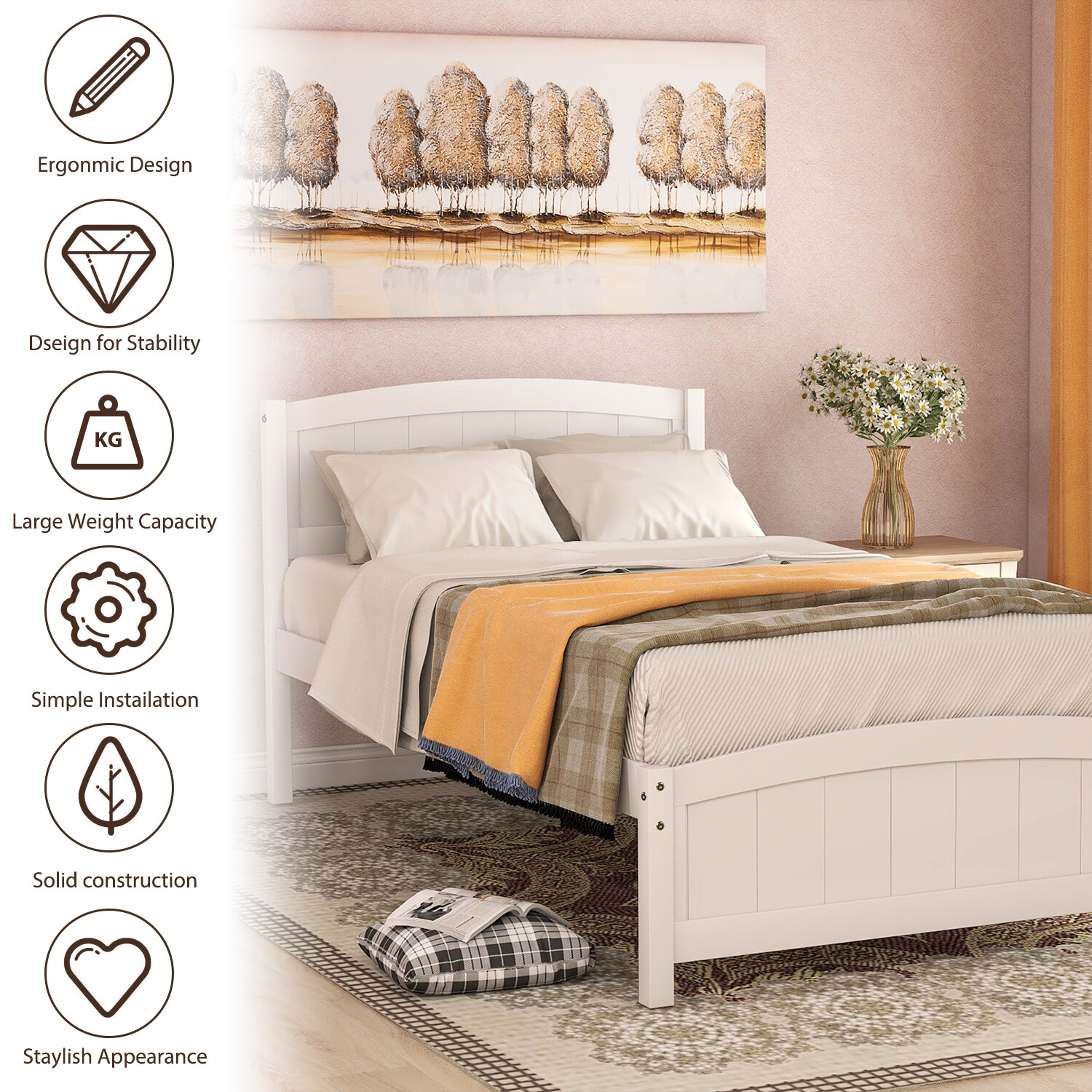Twin Size Bed Frame Wood Platform Bed Frame with Headboard White/Gray/Espresso