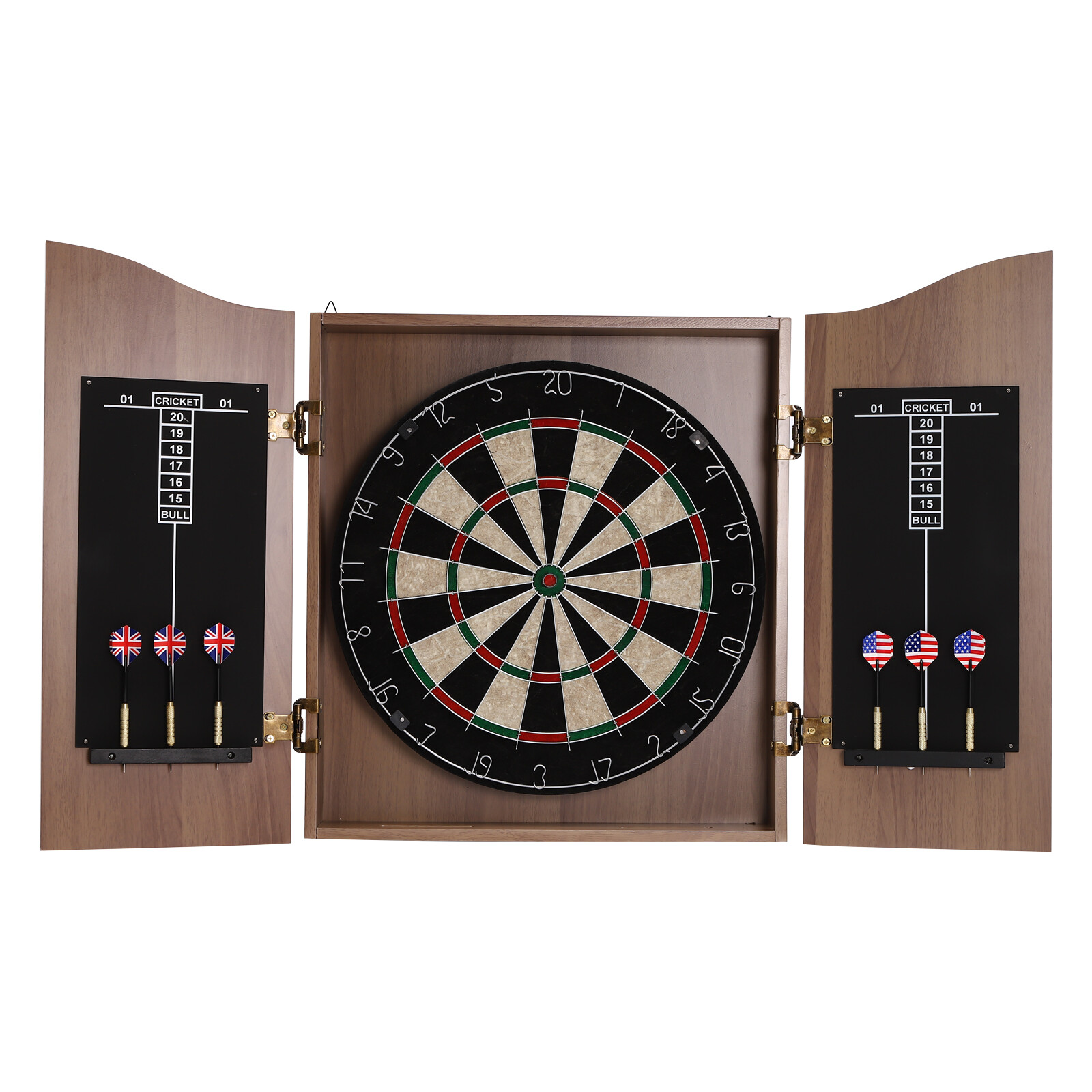 Brown Wall-Mounted Dartboard with Cabinet and Darts Set for Fun Nights