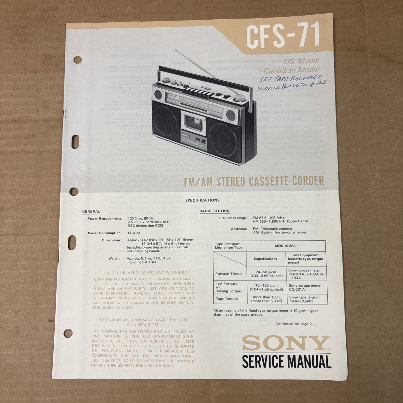 Sony CFS-71 Stereo Radio Cassette Original Service Manual