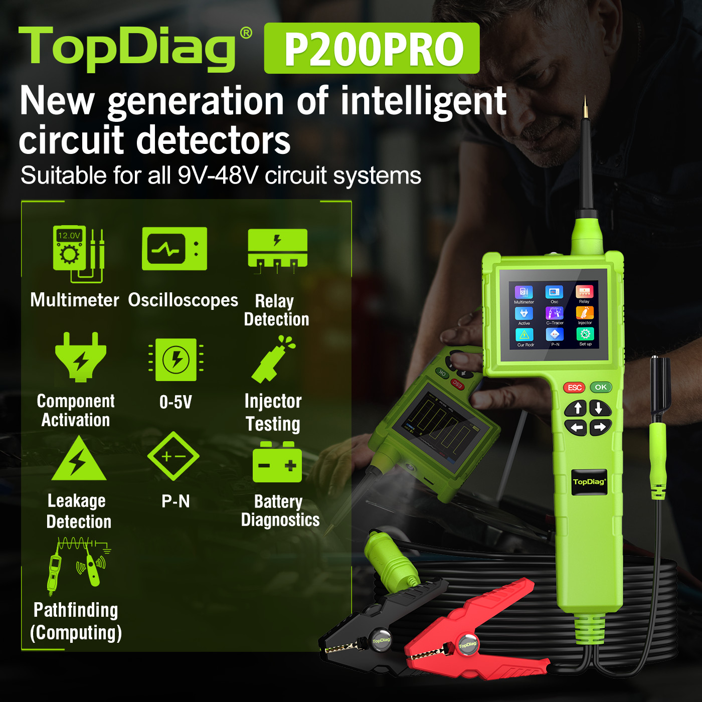 TOPDIAG P200 Pro Circuit Detector Power Fuel Injector For 9V-48V Car Truck Boat