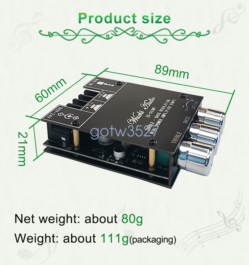 502MT 50Wx2 Bluetooth Audio Amplifier Module with Tone Control 2-Channel Stereo