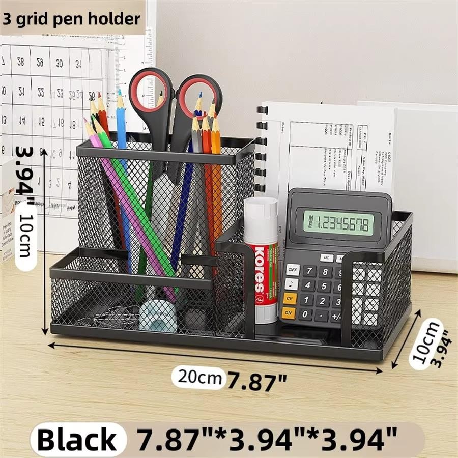 Black Mesh Desk Organizer - 3 Compartments with Pencil Holder & Storage Baskets,